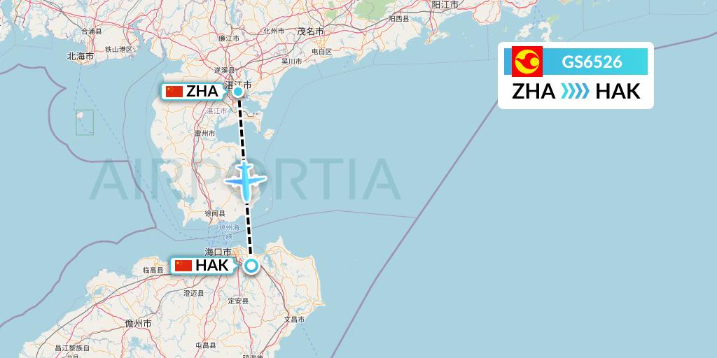 GS6526 Tianjin Airlines Flight Map: Zhanjiang to Haikou