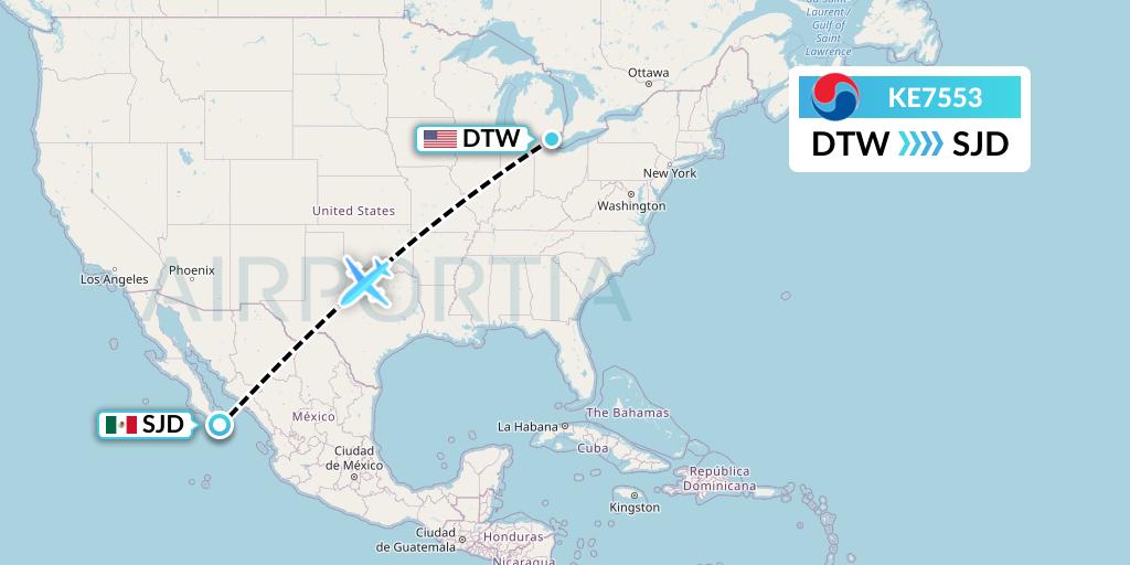 KE7553 Korean Air Flight Map: Detroit to San Jose del Cabo