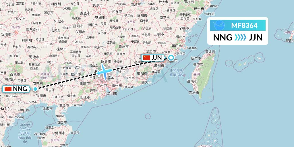 MF8364 Xiamen Airlines Flight Map: Nanning to Jinjiang