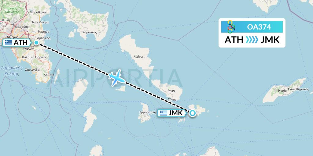 OA374 Olympic Air Flight Map: Athens to Mykonos