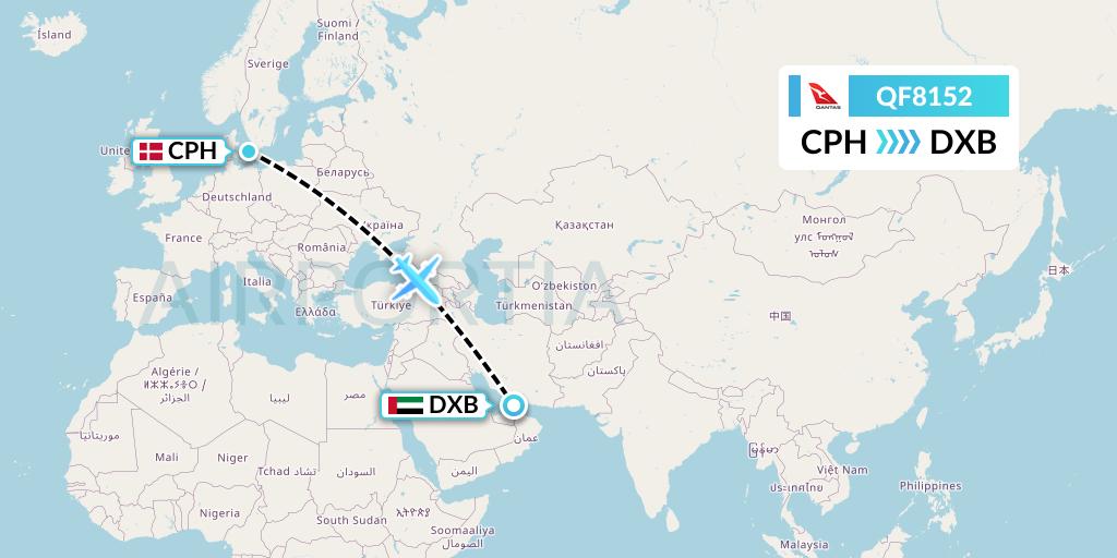QF8152 Qantas Flight Map: Copenhagen to Dubai
