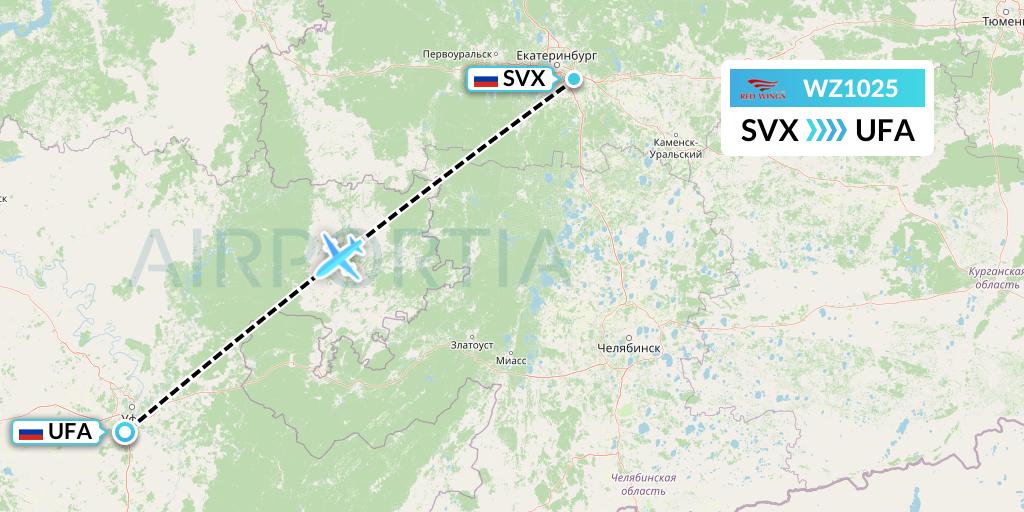WZ1025 Red Wings Flight Map: Yekaterinburg to Ufa