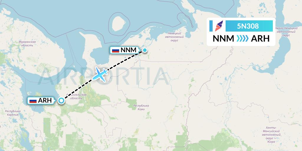 5N308 Nordavia Flight Map: Naryan-Mar to Arkhangelsk