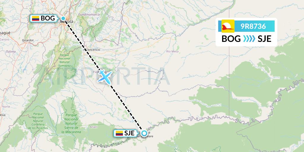 9R8736 Satena Flight Map: Bogota to San Jose Del Guaviare