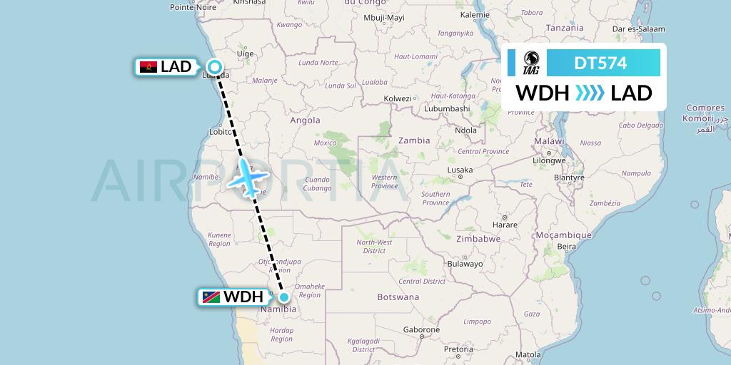DT574 TAAG Angola Airlines Flight Map: Windhoek to Luanda