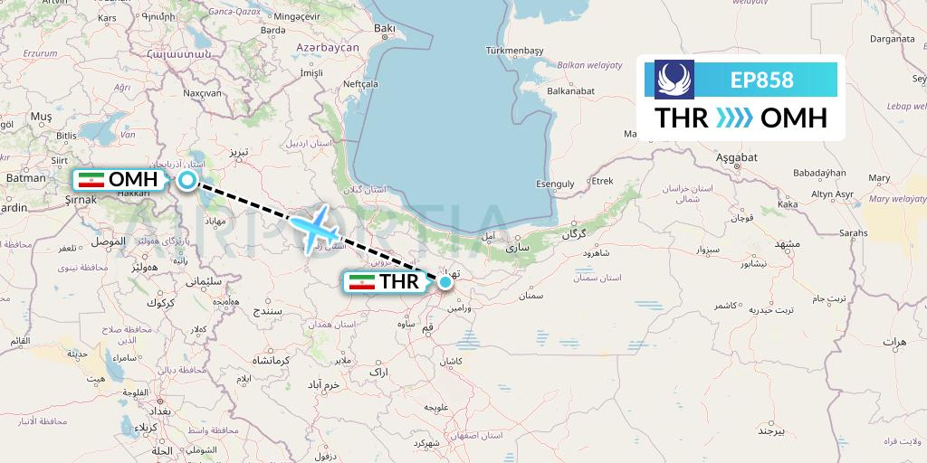 EP858 Iran Aseman Airlines Flight Map: Tehran to Urmia
