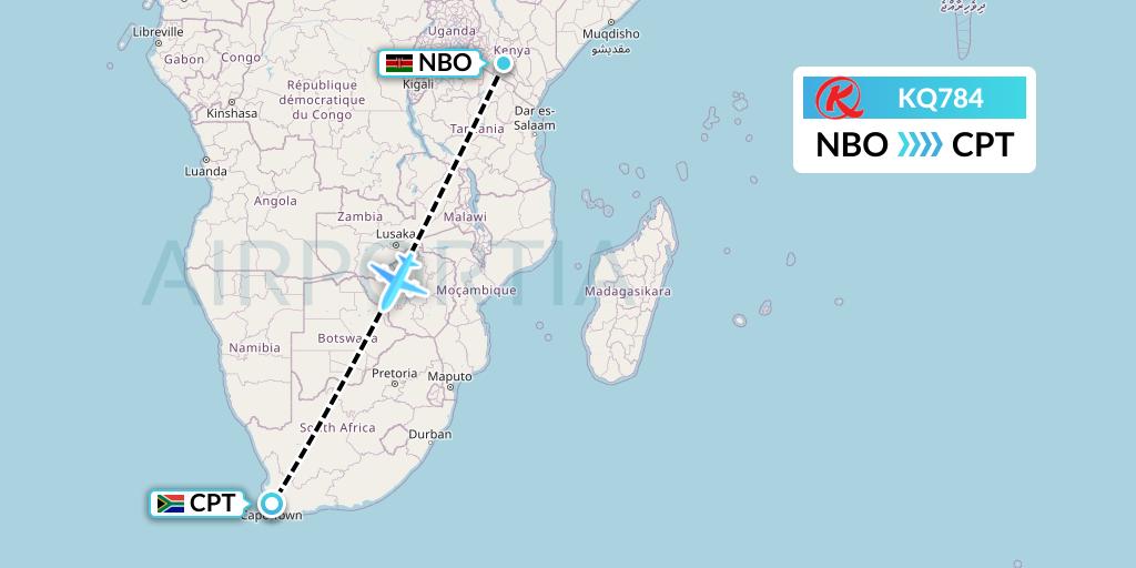 KQ784 Kenya Airways Flight Map: Nairobi to Cape Town