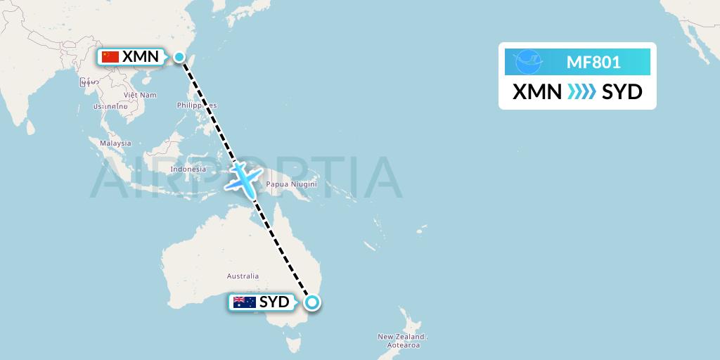MF801 Xiamen Airlines Flight Map: Xiamen to Sydney