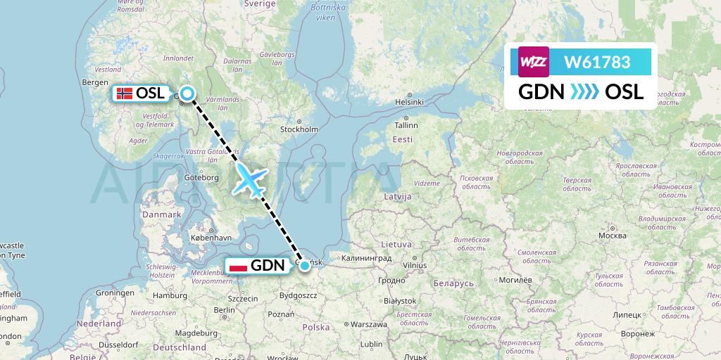 W61783 Wizz Air Flight Map: Gdansk to Oslo
