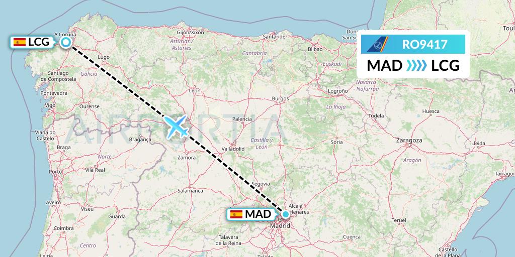 RO9417 Tarom Flight Map: Madrid to A Coruna