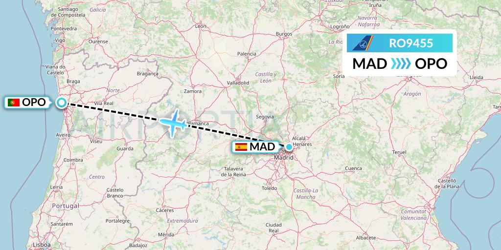 RO9455 Tarom Flight Map: Madrid to Porto
