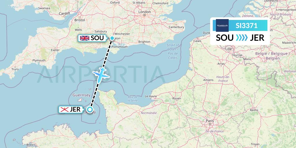 SI3371 Blue Islands Flight Map: Southampton to Jersey