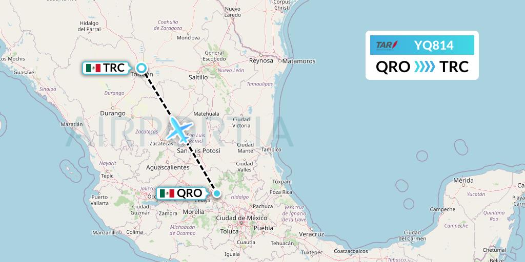 YQ814 TAR Aerolineas Flight Map: Queretaro to Torreon