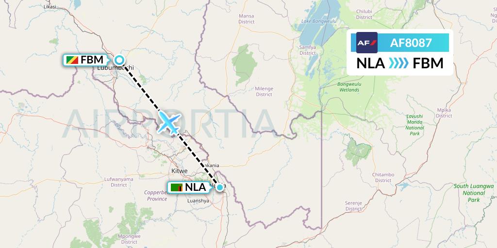 AF8087 Air France Flight Map: Ndola to Lubumbashi