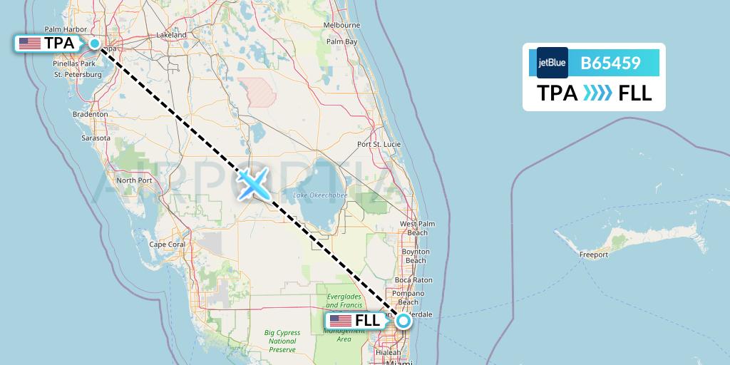 B65459 JetBlue Airways Flight Map: Tampa to Fort Lauderdale