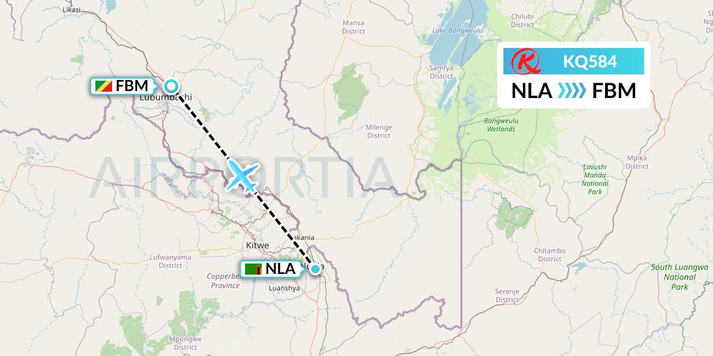 KQ584 Kenya Airways Flight Map: Ndola to Lubumbashi