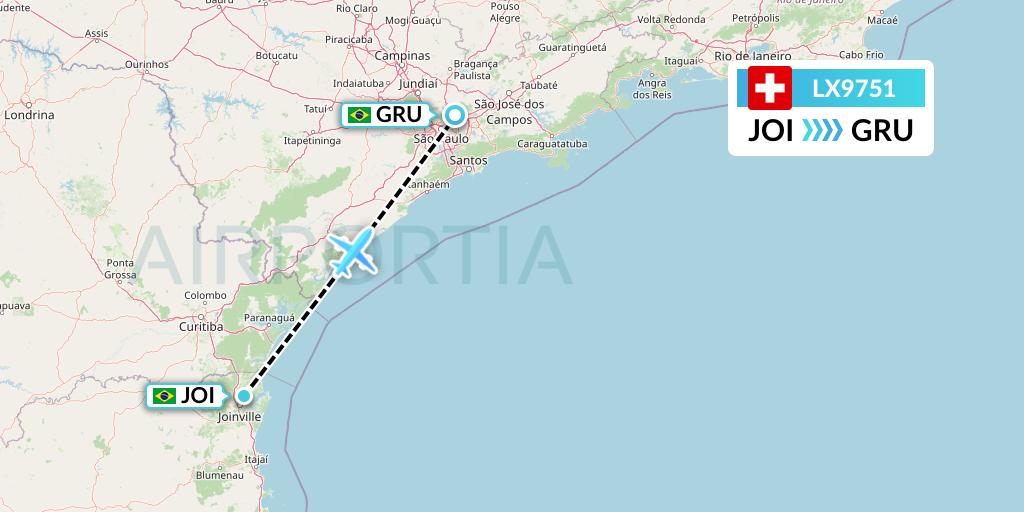LX9751 Swiss Flight Map: Joinville to Sao Paulo