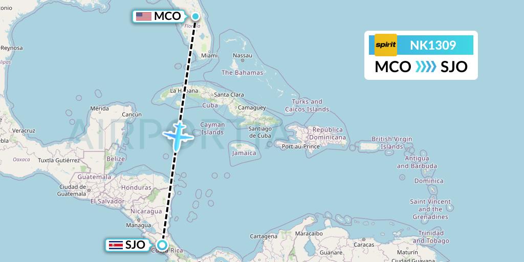 NK1309 Spirit Airlines Flight Map: Orlando to San Jose