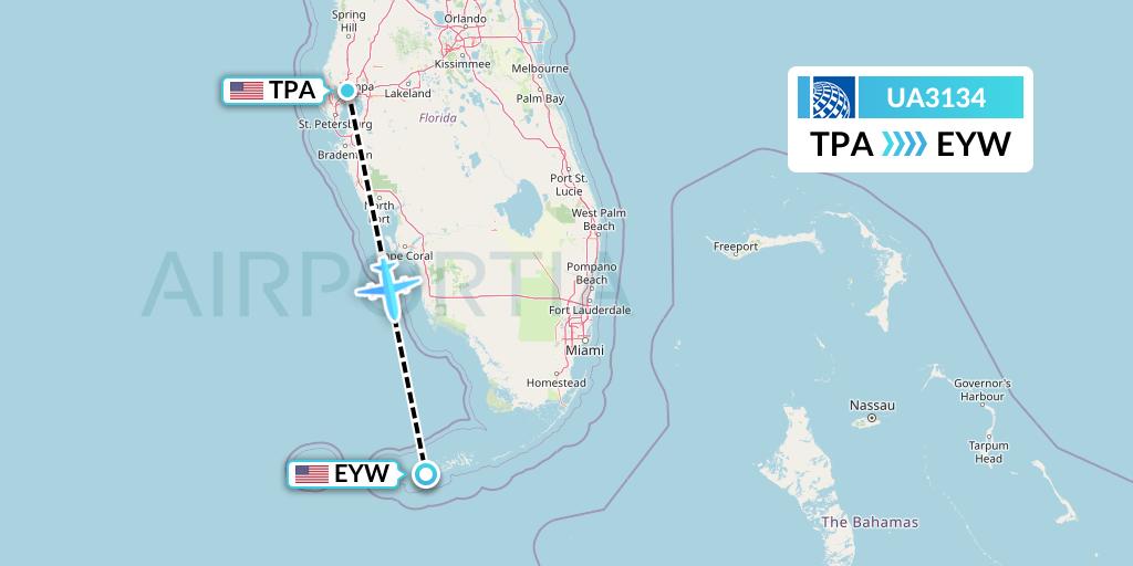 UA3134 United Airlines Flight Map: Tampa to Key West