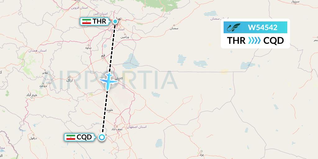 W54542 Mahan Air Flight Map: Tehran to Shahrekord