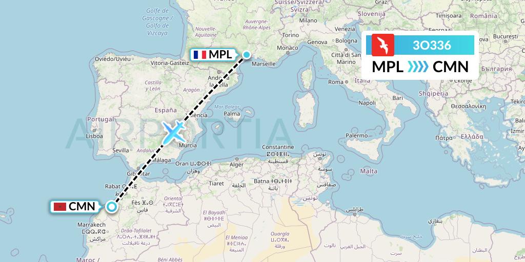 3O336 Air Arabia Maroc Flight Map: Montpellier to Casablanca