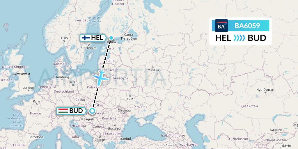BA6059 British Airways Flight Map: Helsinki to Budapest