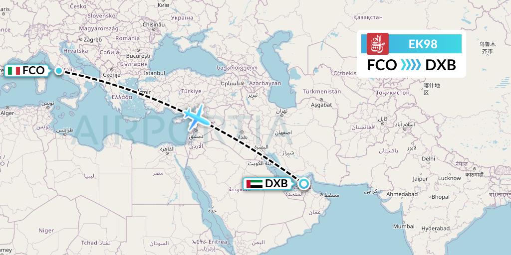 EK98 Emirates Flight Map: Rome to Dubai