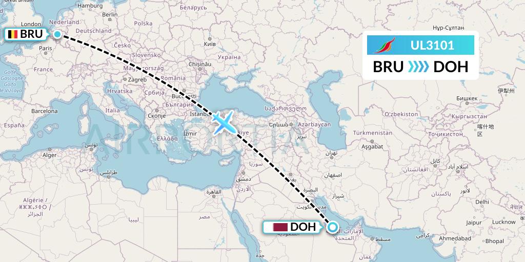UL3101 SriLankan Airlines Flight Map: Brussels to Doha