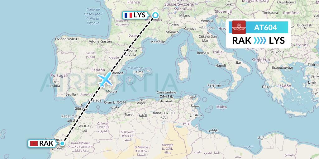 AT604 Royal Air Maroc Flight Map: Marrakesh to Lyon