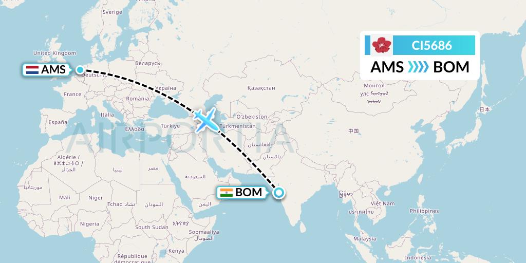 CI5686 China Airlines Flight Map: Amsterdam to Mumbai