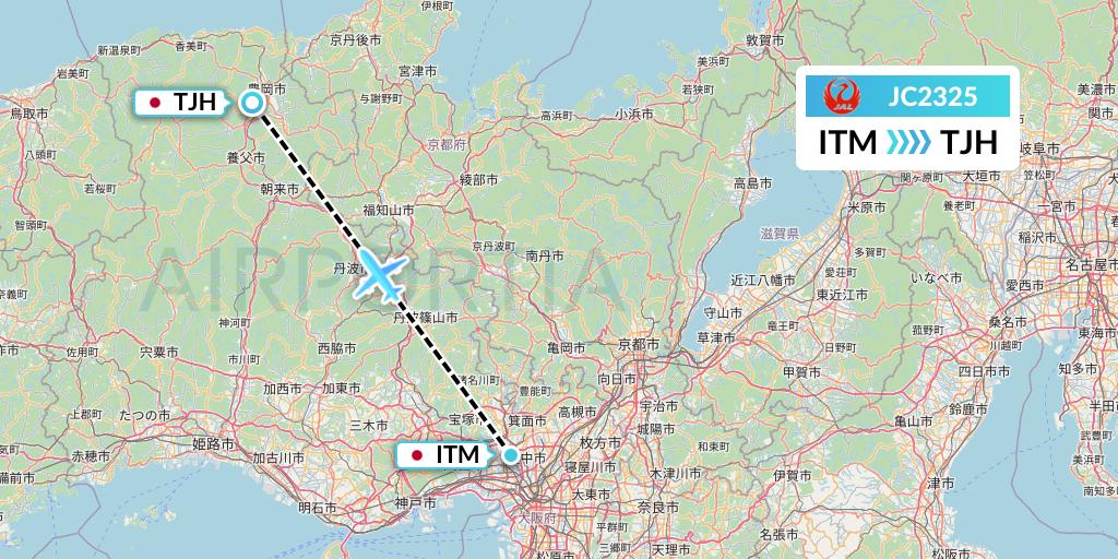 JC2325 Japan Air Commuter Flight Map: Osaka to Tajima