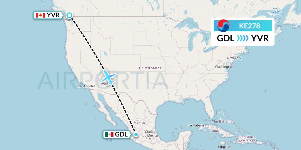 KE278 Korean Air Flight Map: Guadalajara to Vancouver
