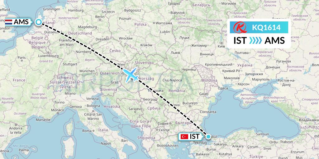 KQ1614 Kenya Airways Flight Map: Istanbul to Amsterdam