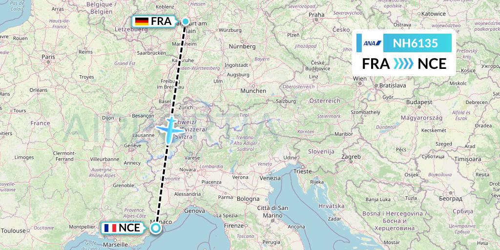NH6135 All Nippon Airways Flight Map: Frankfurt to Nice