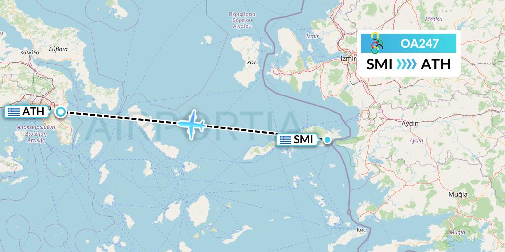 OA247 Olympic Air Flight Map: Samos to Athens