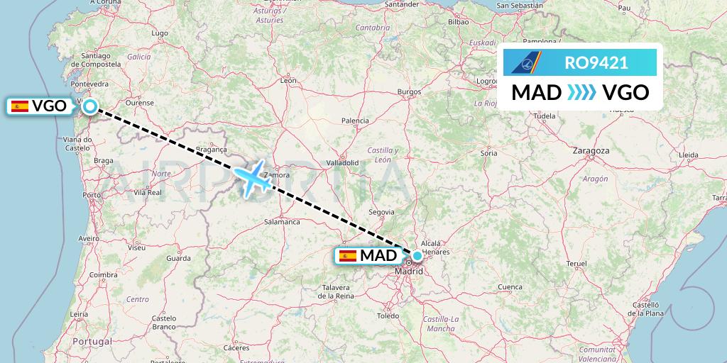 RO9421 Tarom Flight Map: Madrid to Vigo