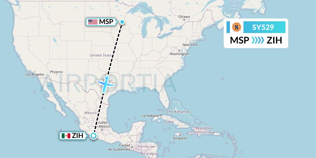 SY529 Sun Country Airlines Flight Map: Minneapolis to Zihuatanejo