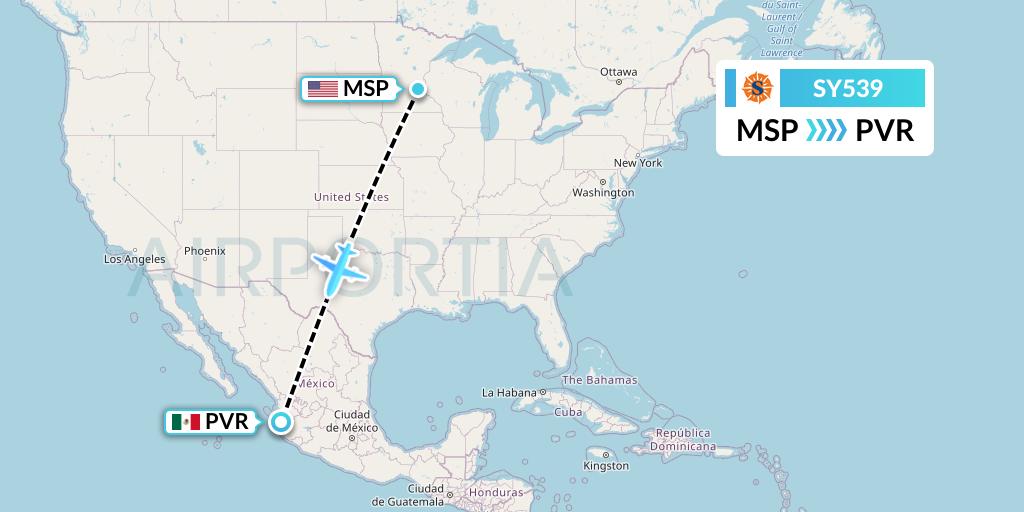 SY539 Sun Country Airlines Flight Map: Minneapolis to Puerto Vallarta