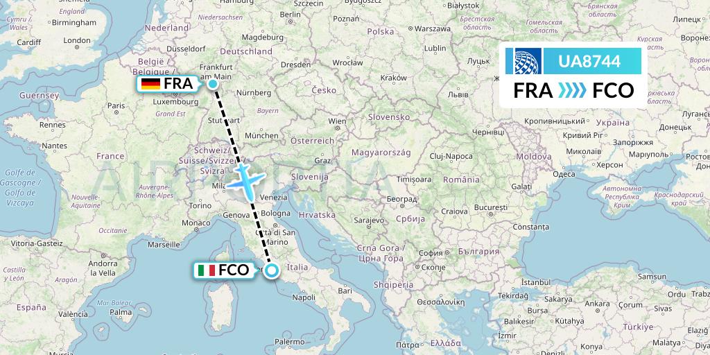 UA8744 United Airlines Flight Map: Frankfurt to Rome