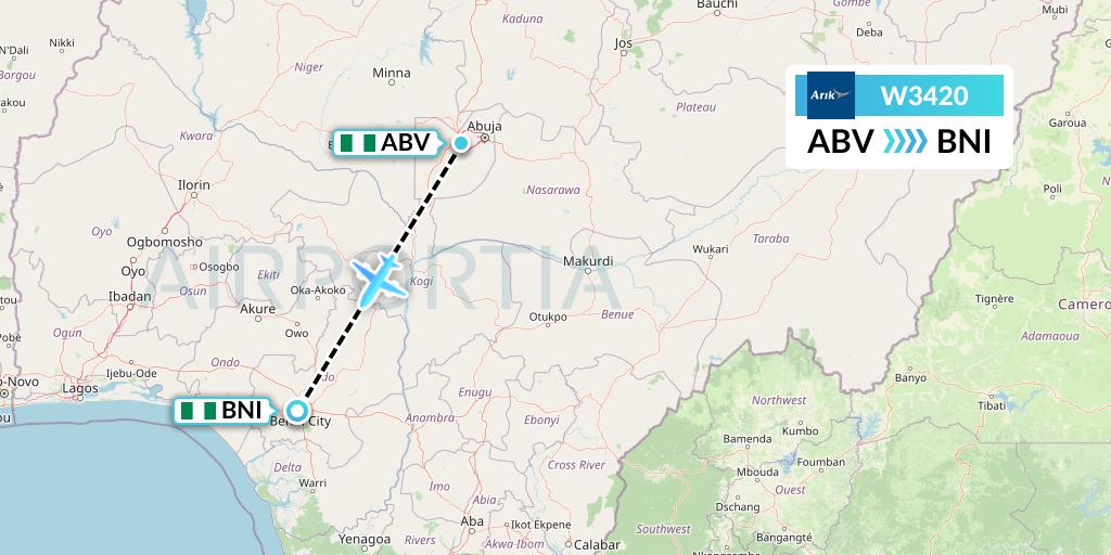 W3420 Arik Air Flight Map: Abuja to Benin