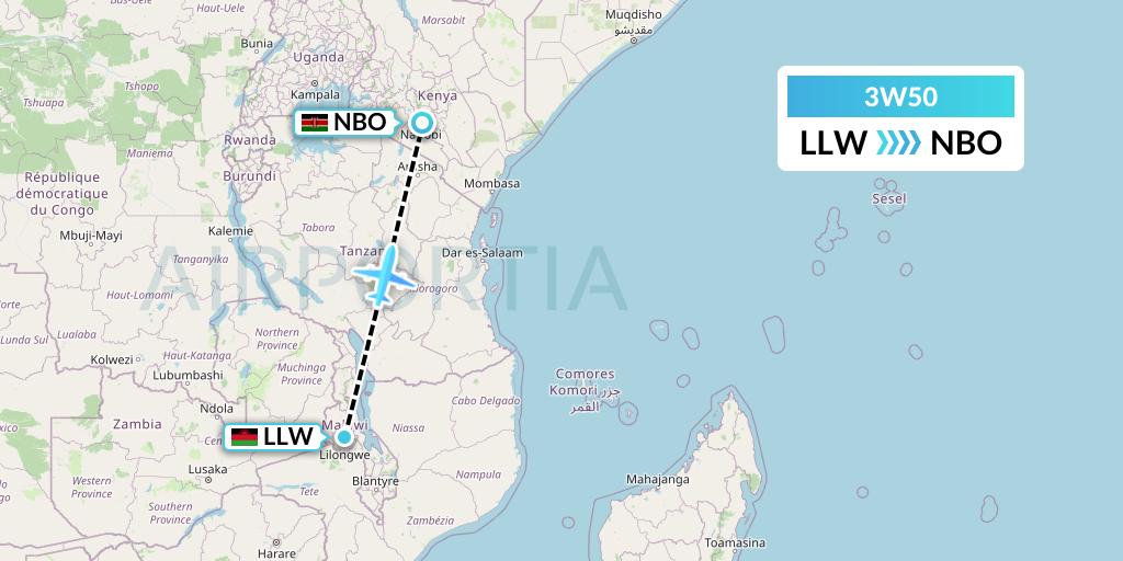 3W50 Malawian Airlines Flight Map: Lilongwe to Nairobi