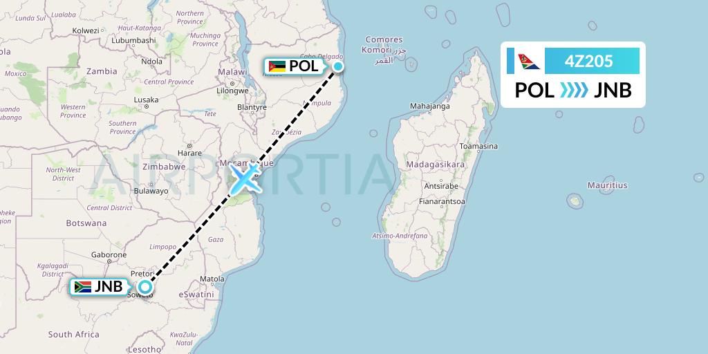 4Z205 Airlink Flight Map: Pemba to Johannesburg