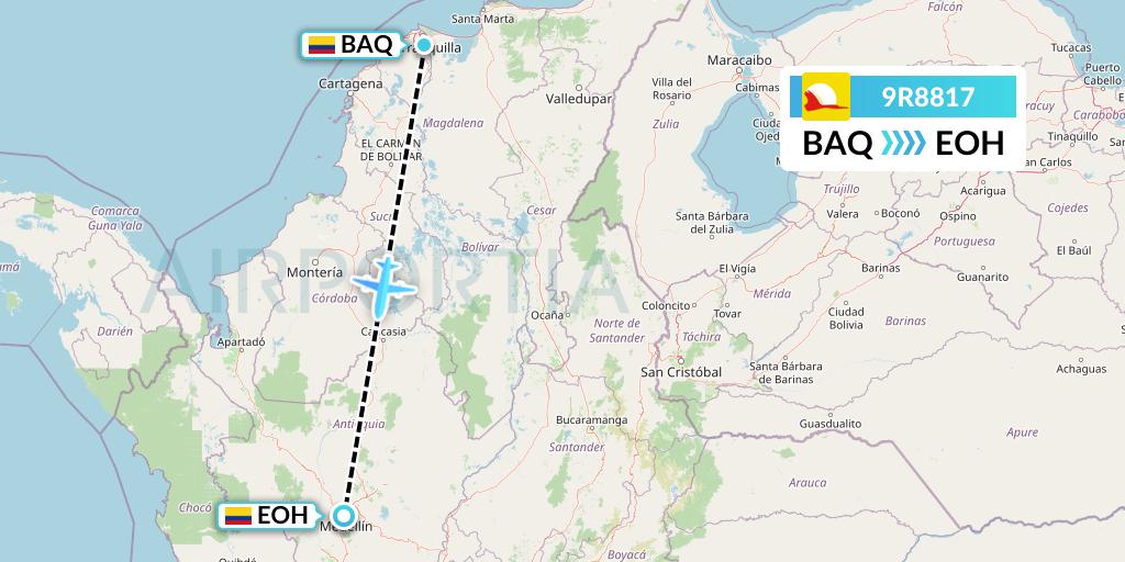 9R8817 Satena Flight Map: Barranquilla to Medellin