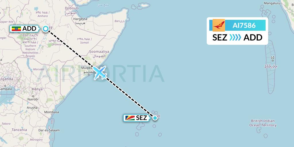 AI7586 Air India Flight Map: Victoria to Addis Ababa