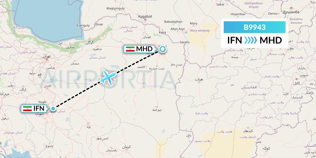 B9943 Iran Air Tours Flight Map: Isfahan to Mashhad