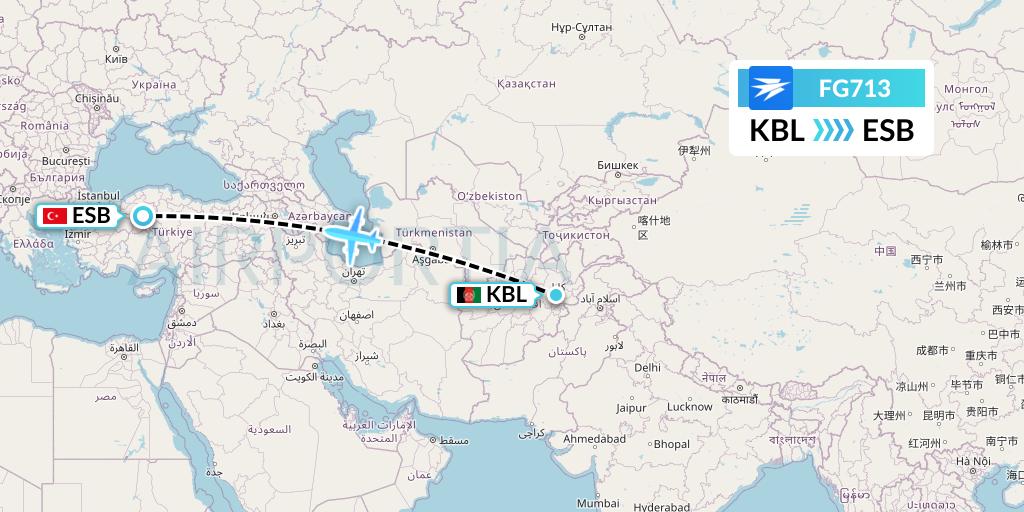 FG713 Ariana Afghan Airlines Flight Map: Kabul to Ankara