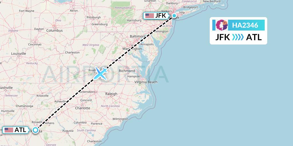 HA2346 Hawaiian Airlines Flight Map: New York to Atlanta