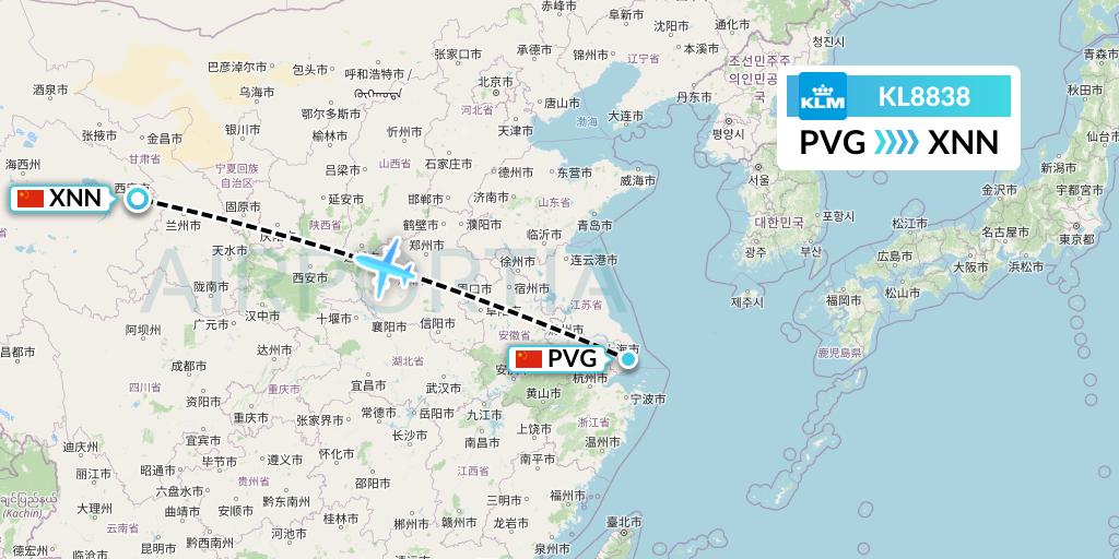 KL8838 KLM Flight Map: Shanghai to Xining