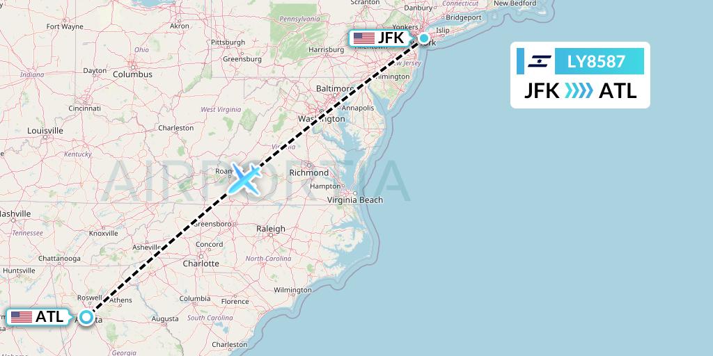 LY8587 El Al Flight Map: New York to Atlanta