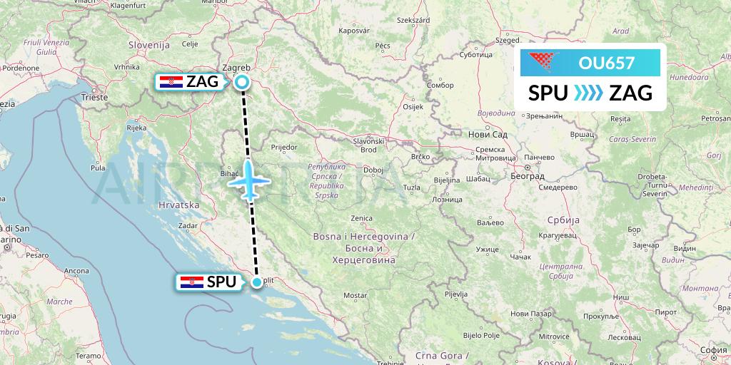 OU657 Croatia Airlines Flight Map: Split to Zagreb
